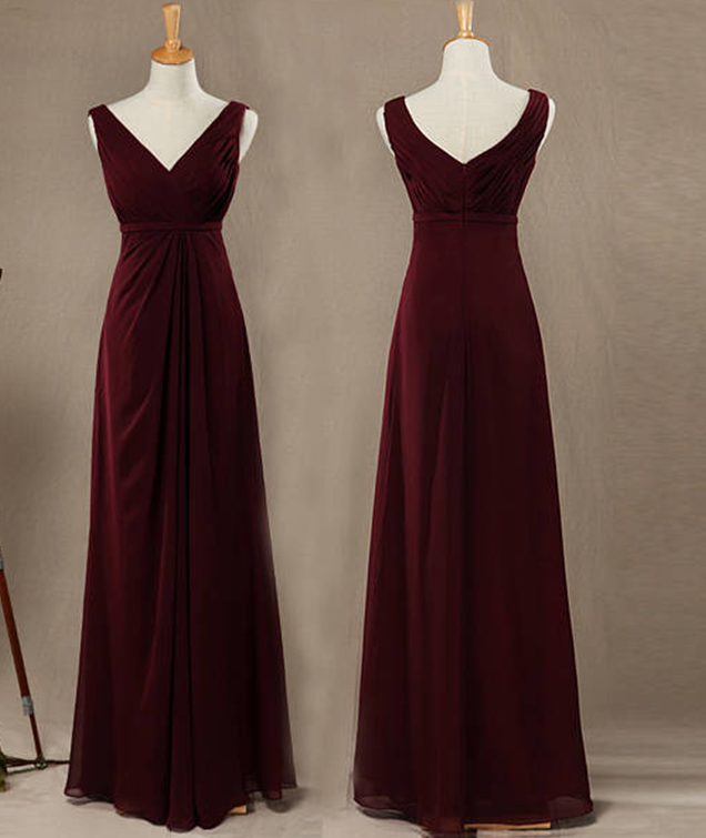 Simple Maroon V-neckline Bridesmaid Dresses, Burgundy Bridesmaid Dresses, Wedding Party Dresses