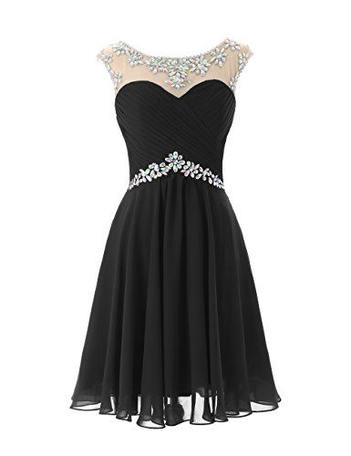 Beaded Embellished Black Chiffon Ruched Sweetheart Illusion Short A-line Homecoming Dress, Little Black Dress
