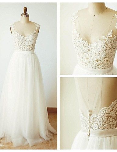 Lovely Lace And Tulle A-line Simple Wedding Dresses, White Prom Dresses, Beautiful Evening Gowns
