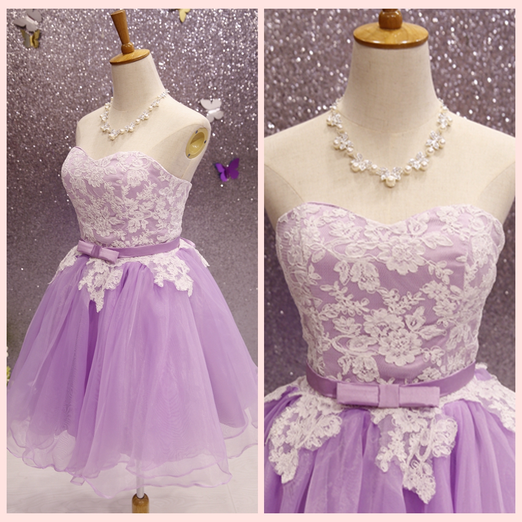 Lovely Lavender Short Lace Applique And Tulle Sweet 16 Dresses, Cute Homecoming Dress With Bow, Short Prom Dresses