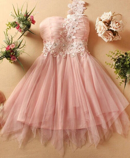Pink Lovely One Shoulder Beading Lace Short Prom Dresses, Sweet 16 Formal Dresses, Homecoming Dresses