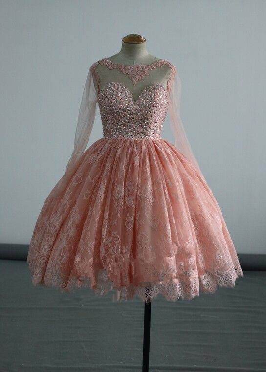 Lovely Pink Teen Homecoming Dresses, Long Sleeves Formal Dresses, Lace And Tulle Short Prom Dresses