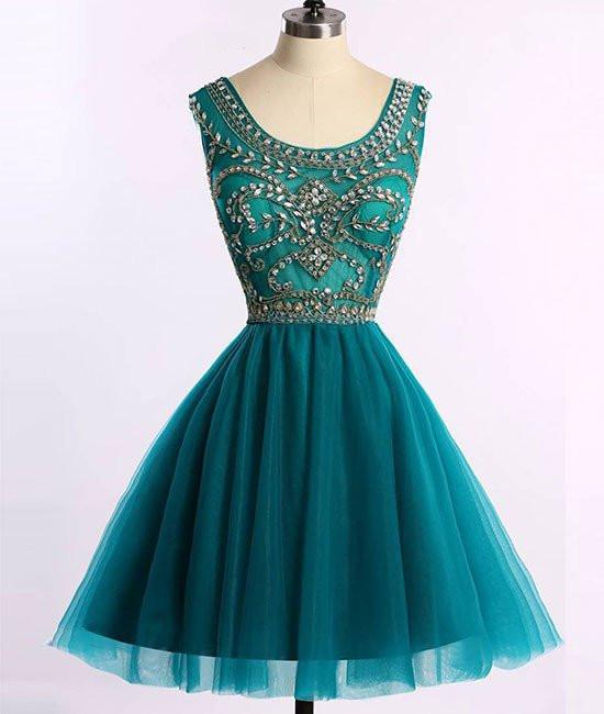 Dark Green Beaded And Tulle Round Neckline Homecoming Dresses, Short ...