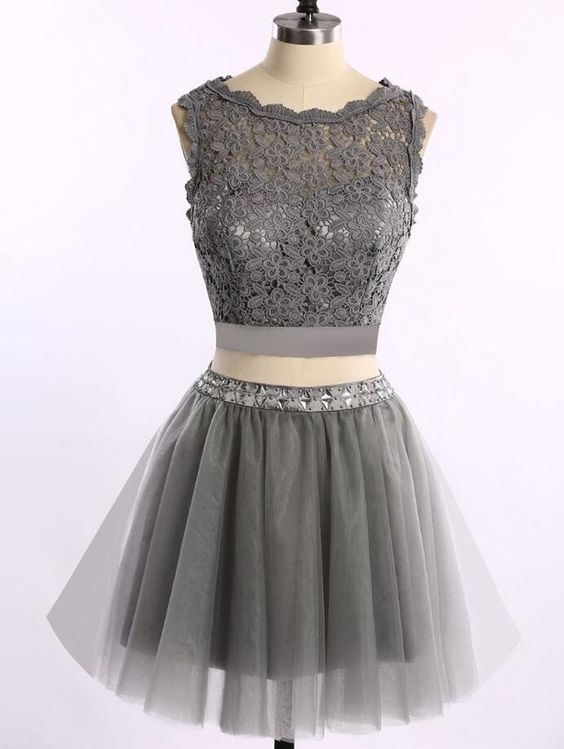 Grey Two Piece Homecoming Dresses, Lace And Tulle Prom Dresses, Cute Formal Dresses