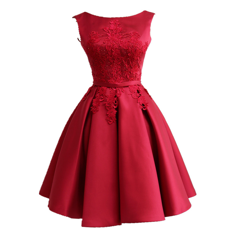 Red Round Neckline Short Satin Party Dresses, Red Formal Dresses, Party Dresses For