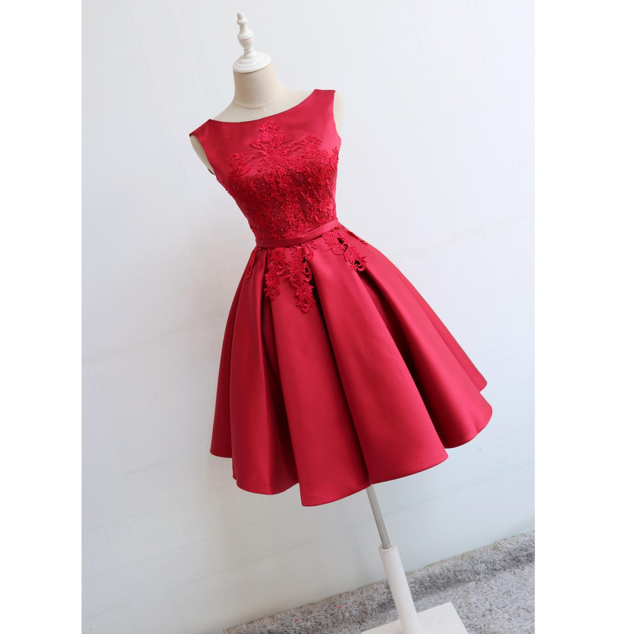 Red Round Neckline Short Satin Party Dresses, Red Formal Dresses, Party ...
