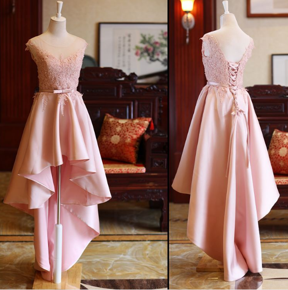 Cute High Low Homecoming Dresses, Lace-up Formal Dresses, Lovely Satin Pink Prom Dresses 2018