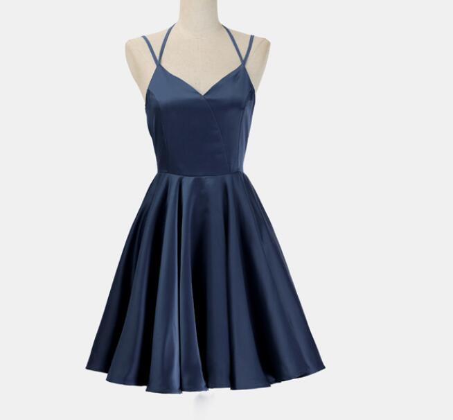 Lovely Short Straps Halter Homecoming Dresses, Navy Blue Summer Dresses, Women Dresses In Stock