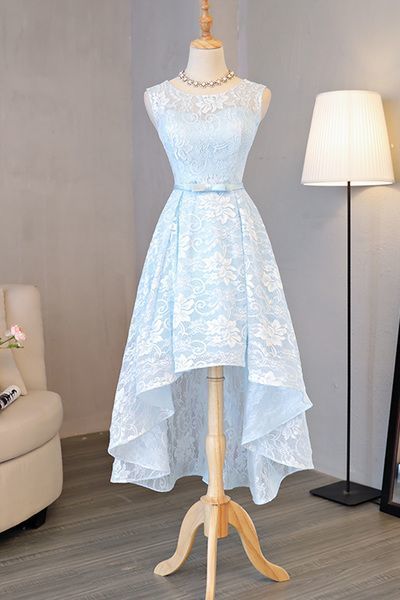 Beautiful Light Blue Lace High Low Party Dresses, Evening Gowns, Lace Blue Party Dresses
