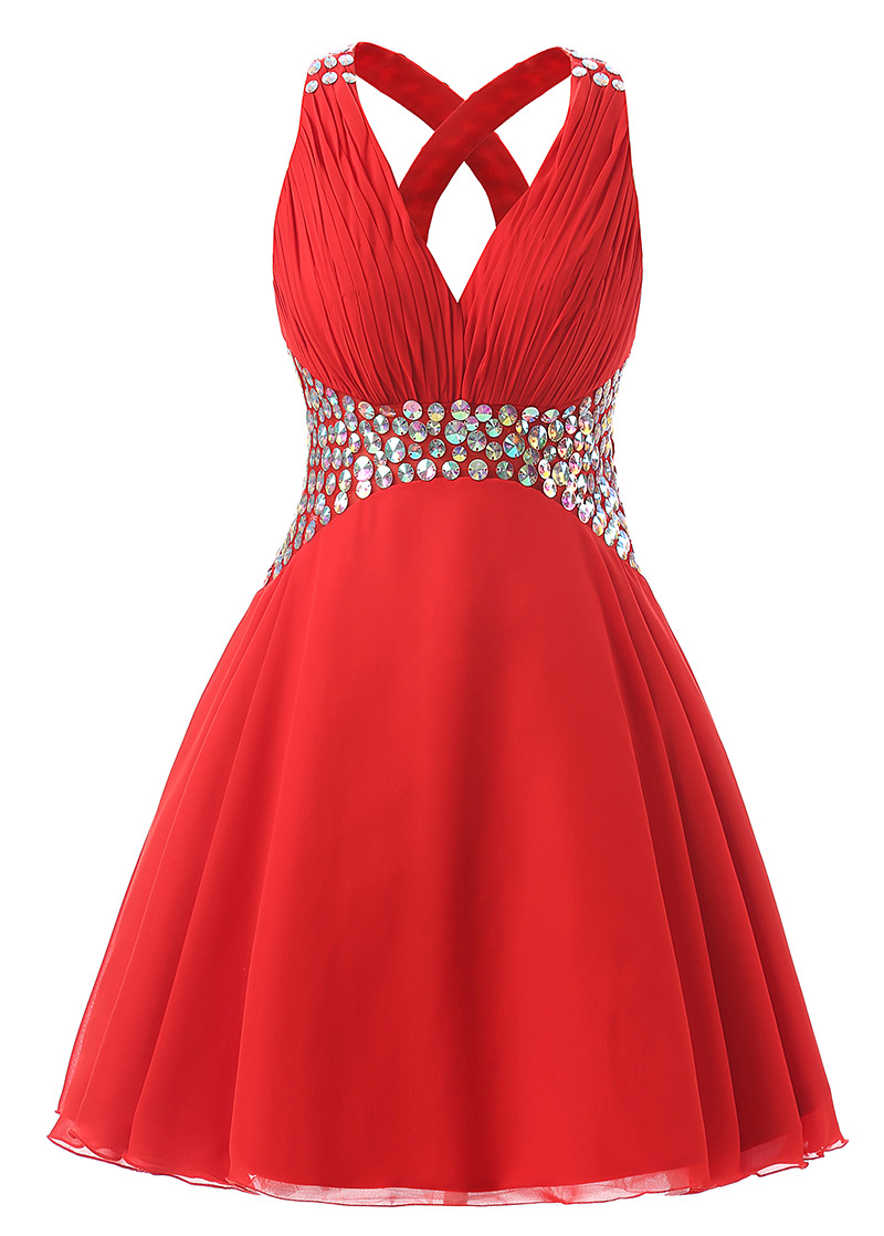 Simple Red Short Chiffon Knee Length Beaded Homecoming Dresses 2017, Red Party Dresses, Red Short Prom Dresses