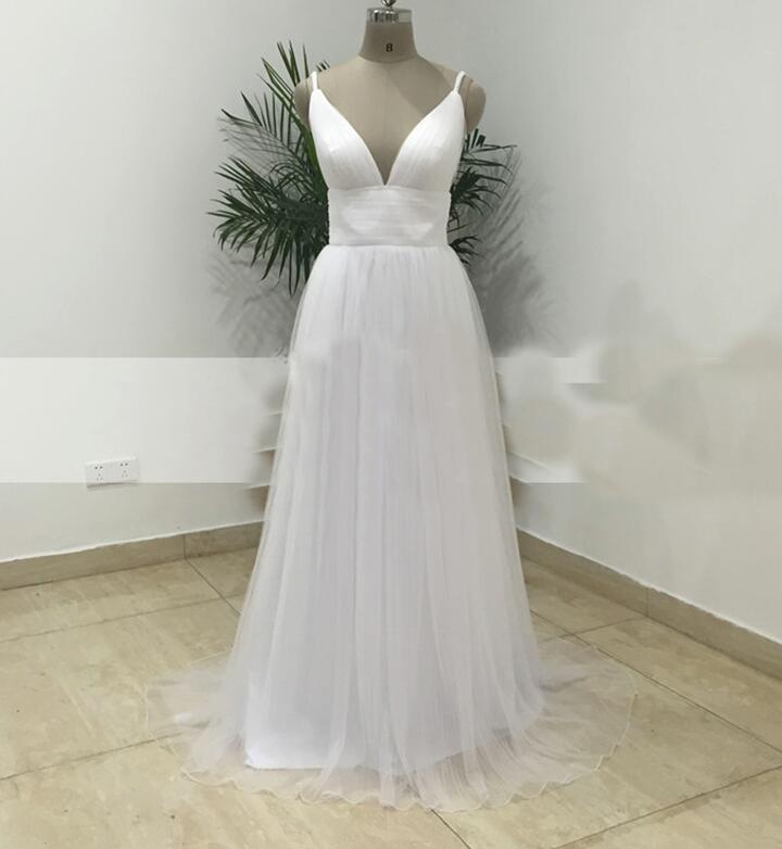 White Deep V-neckline Straps Backless Beach Wedding Dresses, Simple White Gowns, Prom Dresses 2018