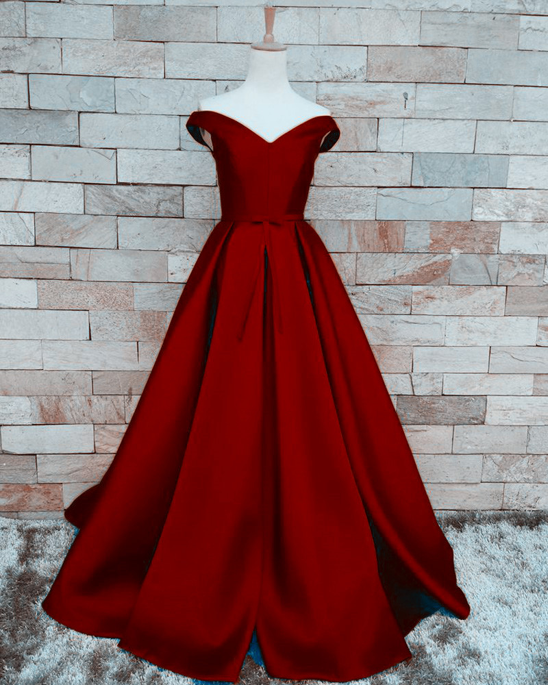 Pretty Burgundy A Line Prom Dresses Satin Off The Shoulder, Evening Gowns With Belt And Pleat, Burgundy Prom Dresses 2018