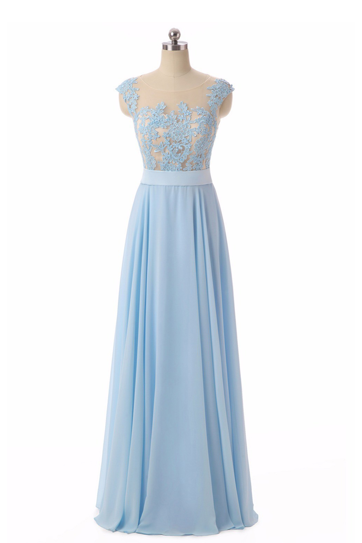 Light Blue Chiffon Long Lace Appliqués Senior Prom Dress, Light Blue Bridesmaid Dresses