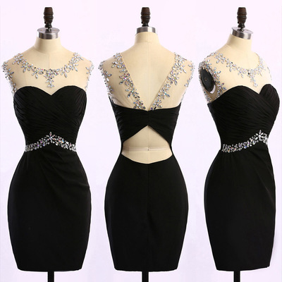 Short Black Prom Dress With Ruching Details, Sleeveless Beaded Homecoming Dress, Column Chiffon Black Party Dress