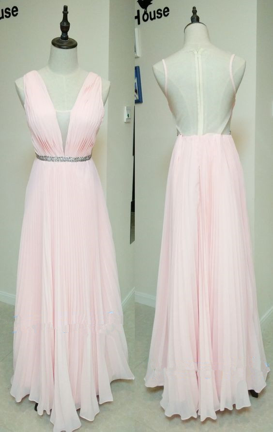 Elegant Light Pink Long Chiffon V-neckline Bridesmaid Dresses, Pink Party Gowns, Formal Dresses