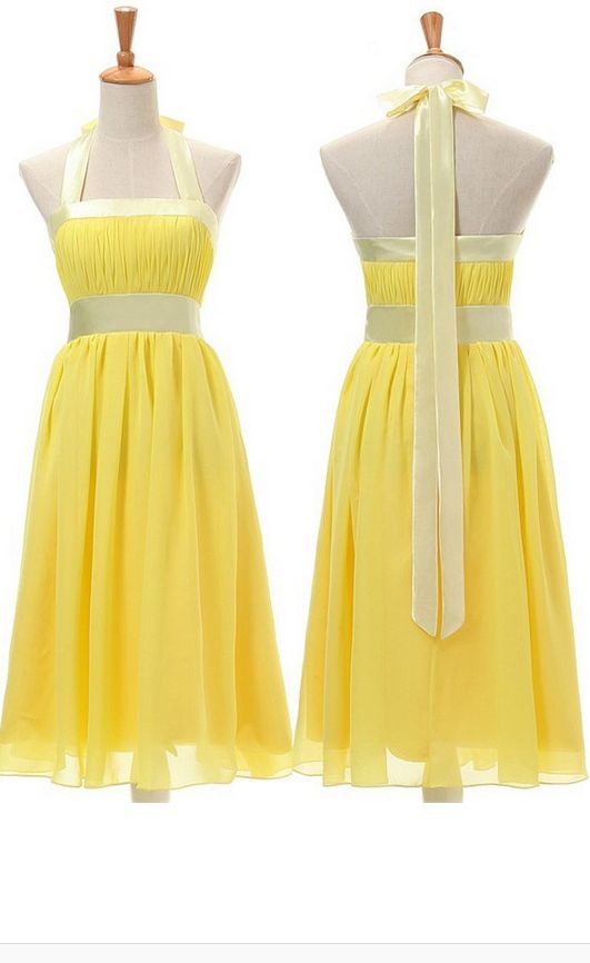 Lovely Style Yellow Halter Bow Knee Length Bridesmaid Dresses, Yellow Party Gowns, Short Party Dresses