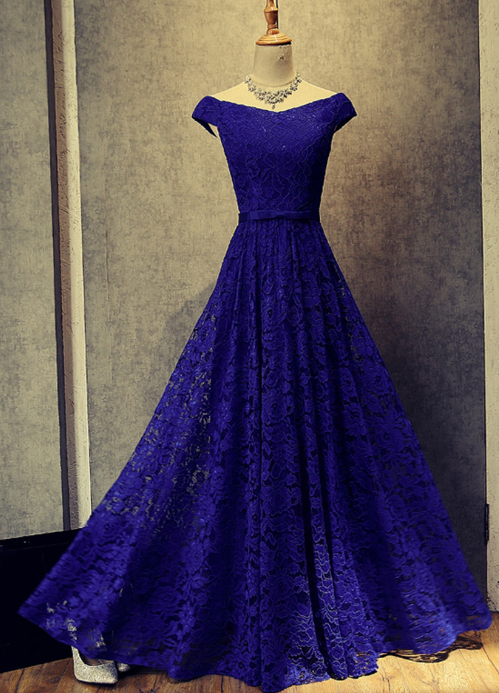 Royal Blue Lace Off Shoulder Evening Gowns, Blue Long Party Dresses