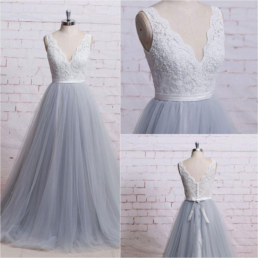 Gorgeous A-line V-neck Ivory Lace Bodice Grey Tulle Skirt Chapel Train Wedding Dresses, Long Prom Gowns, Prom Dresses 2018