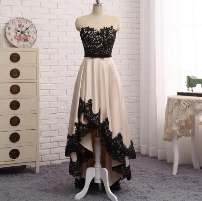High Quality High Low Champagne Party Dress With Lace, Homecoming Dresses, Adorable Party Dresses