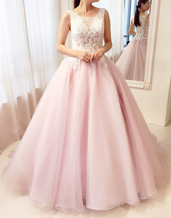 Pink Ball Gown Lace Party Gowns, Gorgeous Pink Prom Dresses, Sweet 16 Formal Gowns