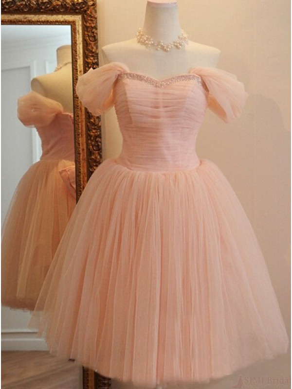 Pink Vintage Style Off Shoulder Pink Tulle Prom Dresses With Bow, Pink Bridesmaid Dresses With Lace-up, Formal Dresses 2018