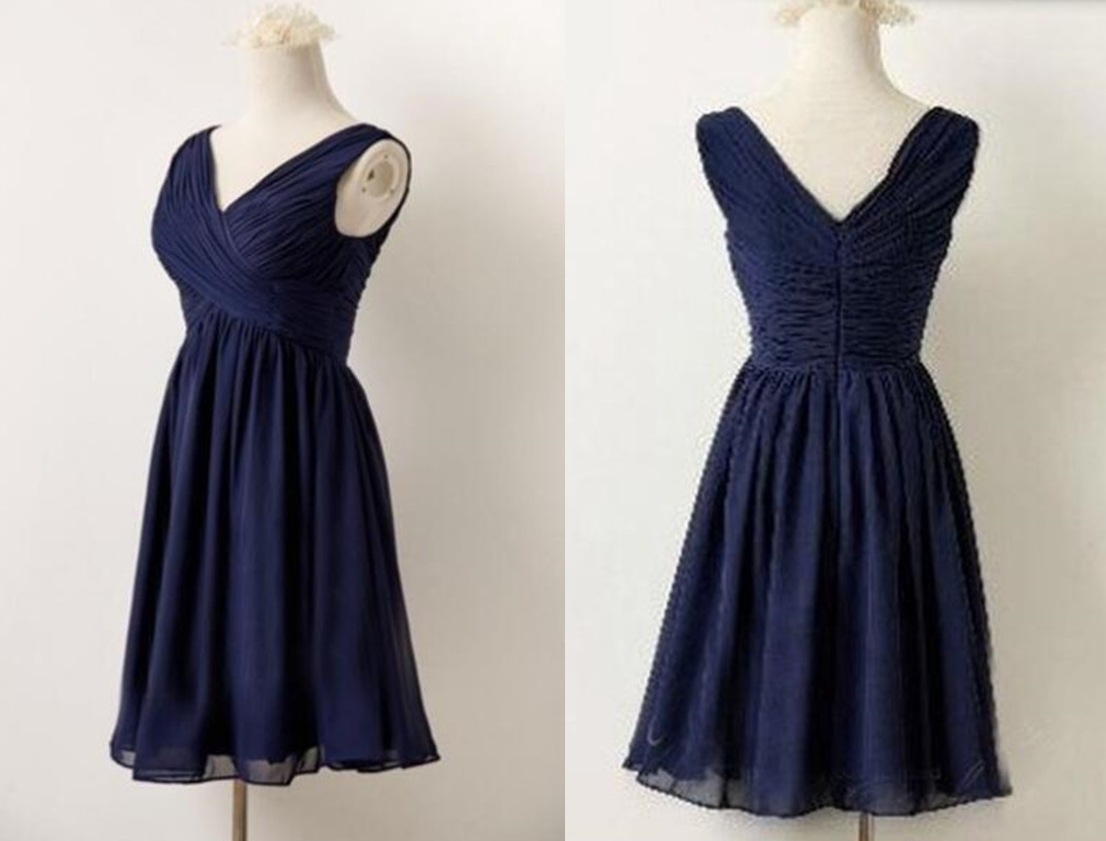 Navy Blue V-neckline Short Chiffon Bridesmaid Dresses, Navy Blue Party Dresses, Short Formal Dresses For