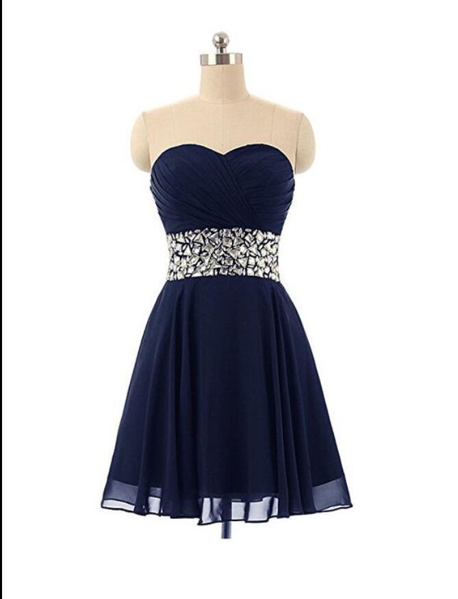Navy Blue Homecoming Dresses, Short Beaded Simple Prom Dresses, Cute Formal Dresses