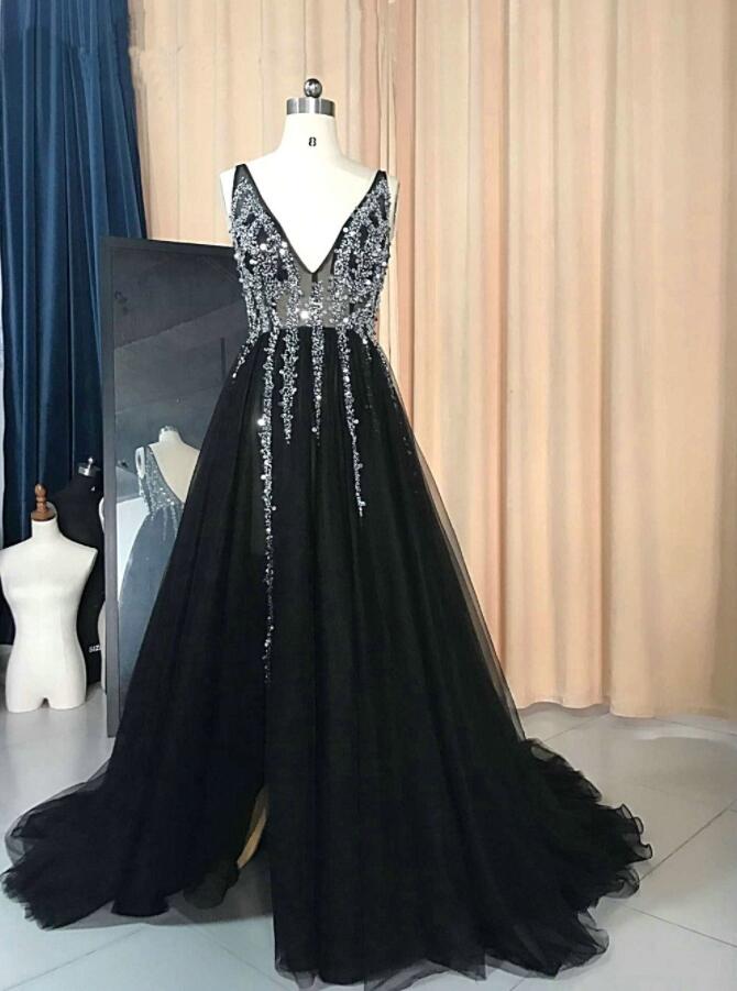 Black Slit Long V-neckline Beaded Prom Dresses, Tulle Party Dresses, Tulle Prom Dresses, Formal Gowns
