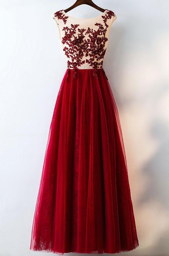 Charming Dark Red Tulle Party Gowns, Long Prom Dresses 2018, Lace Applique Formal Dresses