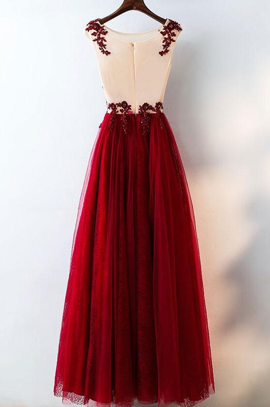 Dark Red Tulle with Lace Long Sleeves Party Dress, A-line Dark Red Prom Dress main image 1