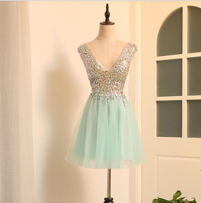 Short Sparkle Short V-neckline Homecoming Dresses, Shiny Knee Length Prom Dresses, Formal Dresses