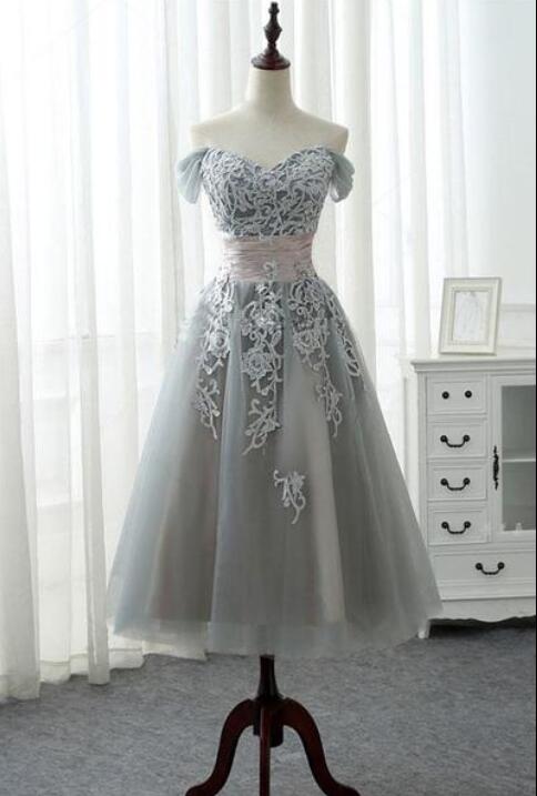 Grey Vintage Style Teen Length Off Shoulder Evening Dresses, Formal Gowns,tulle Prom Dresses