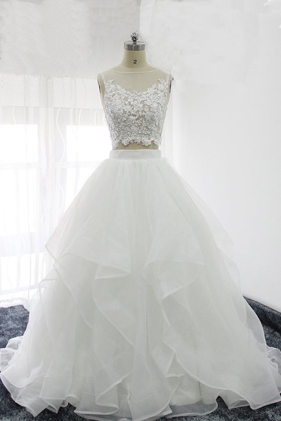 White Two Piece Formal Dresses, Charming Organza Party Gowns