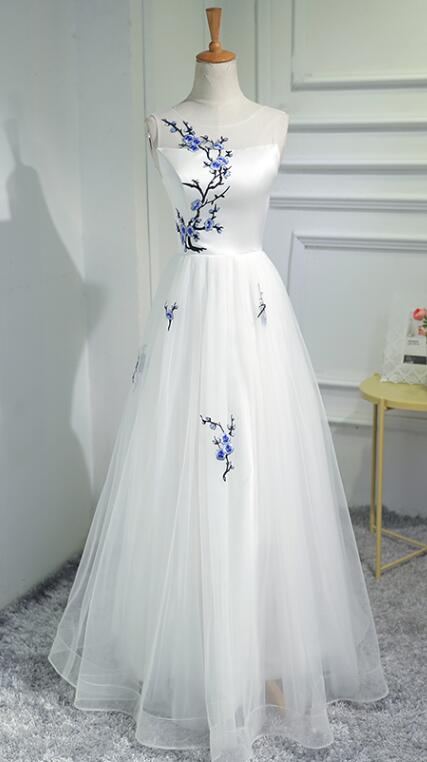 Elegant White Prom Dresses, Tulle Long Formal Dress, Prom Dress 2018, Lace-up Evening Dresses