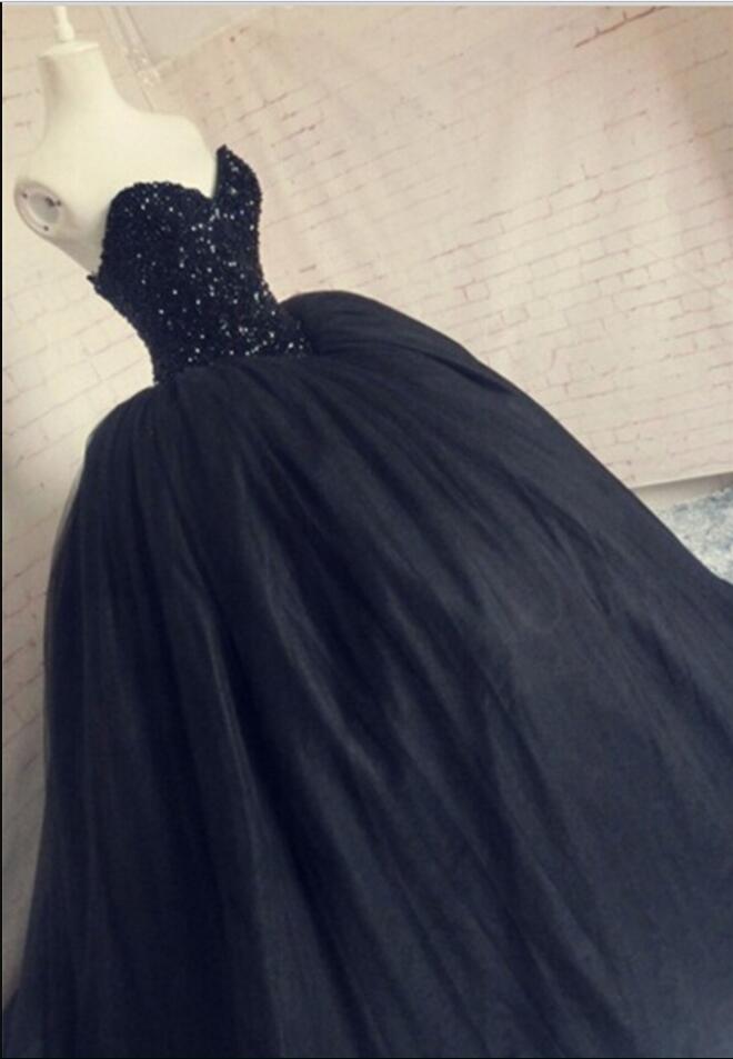 Gorgeous Beaded Black Prom Dress, Sequins Sweetheart Sparkly Corset Puffy Tulle Long Party Gowns, Sweet 16 Gowns
