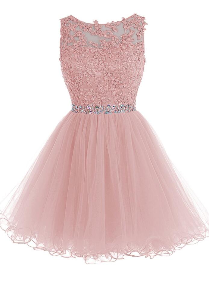Lovely Soft Pink Short Prom Dress, Tulle And Lace Applique Beaded Tulle Party Dresses, Pink Homecoming Dress, Sweet 16 Dresses