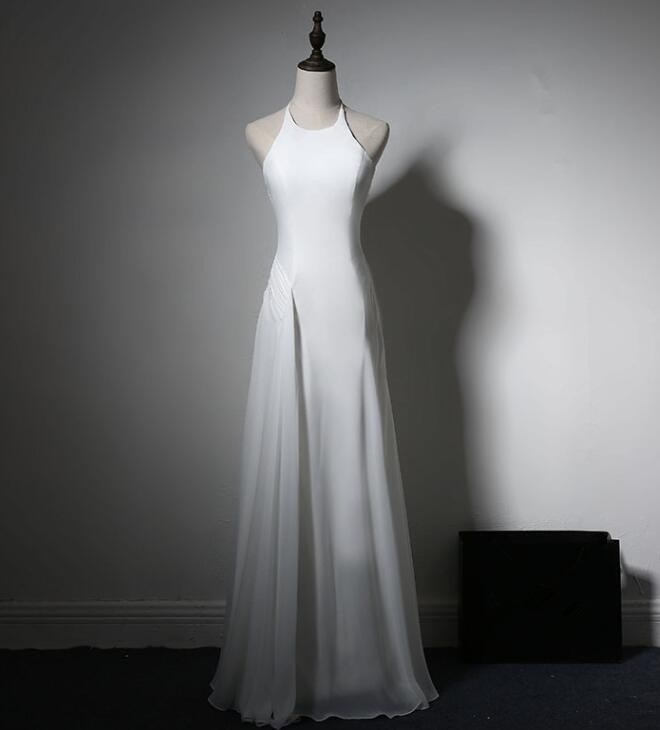 Simple White Chiffon Halter Prom Dresses, Sexy And Elegant Formal Gowns, Wedding Party Dresses