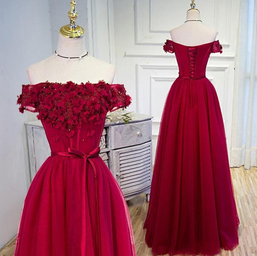 Off Shoulder Wine Red Floral Tulle Gowns, Formal Dresses With Lace-up, Prom Dresses 2018