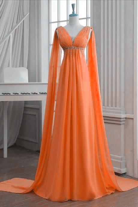 Orange V-neck Sleeveless Chiffon Empire Waist Long Prom Dress, Evening Dress