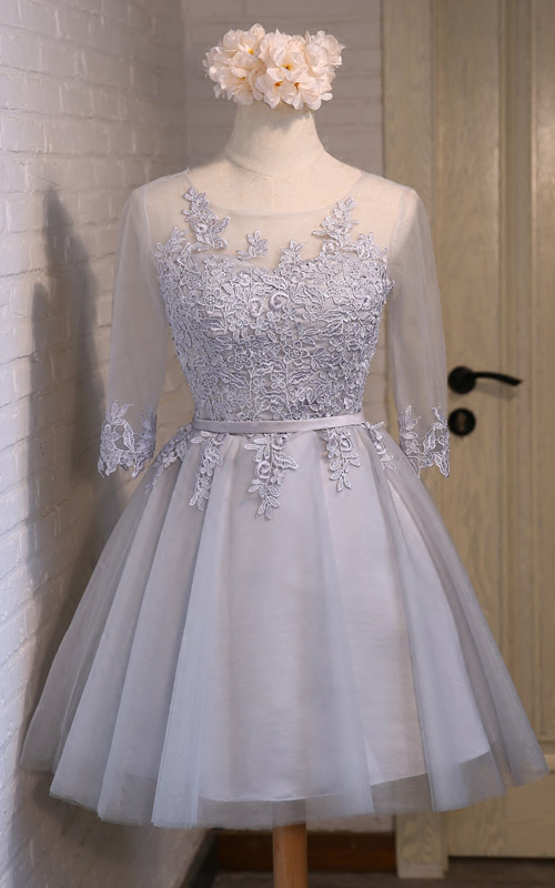 Grey 1/2 Sleeves Lace And Tulle Knee Length Style Prom Dresses 2018, Formal Gowns, Bridesmaid Dresses For