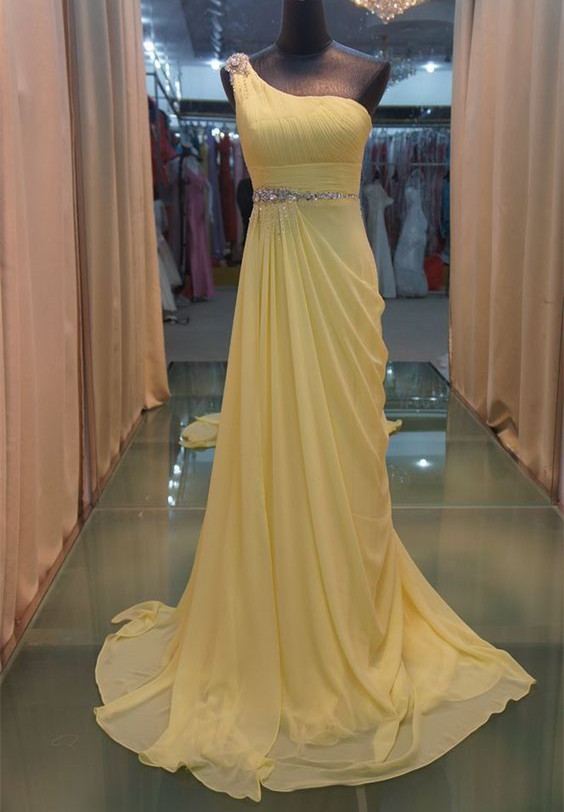 Yellow One Shoulder Chiffon Elegant Formal Party Dresses, Long Prom Dresses, Formal Gowns, Prom Dresses