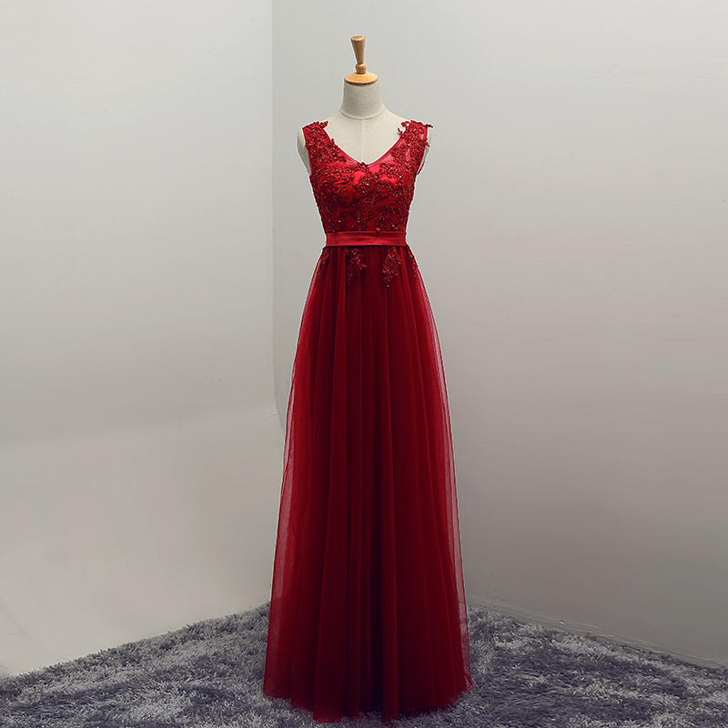Wine Red V-neckline Prom Dresses 2018, Pretty Style Prom Gowns, Tulle Bridesmaid Dresses