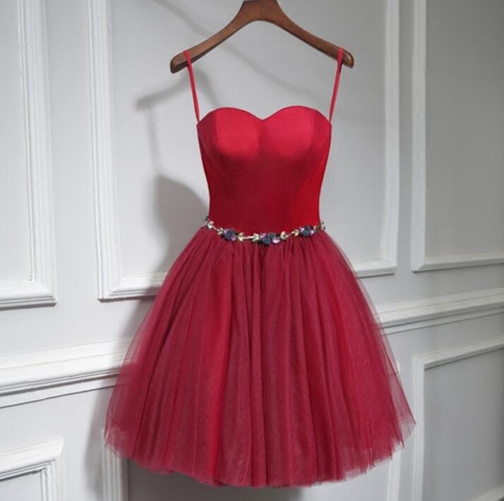 Adorable Red Satin And Tulle Short Beaded Belt Lace-up Homecoming Dresses, Red Formal Dresses, Short Prom Dresses 2018