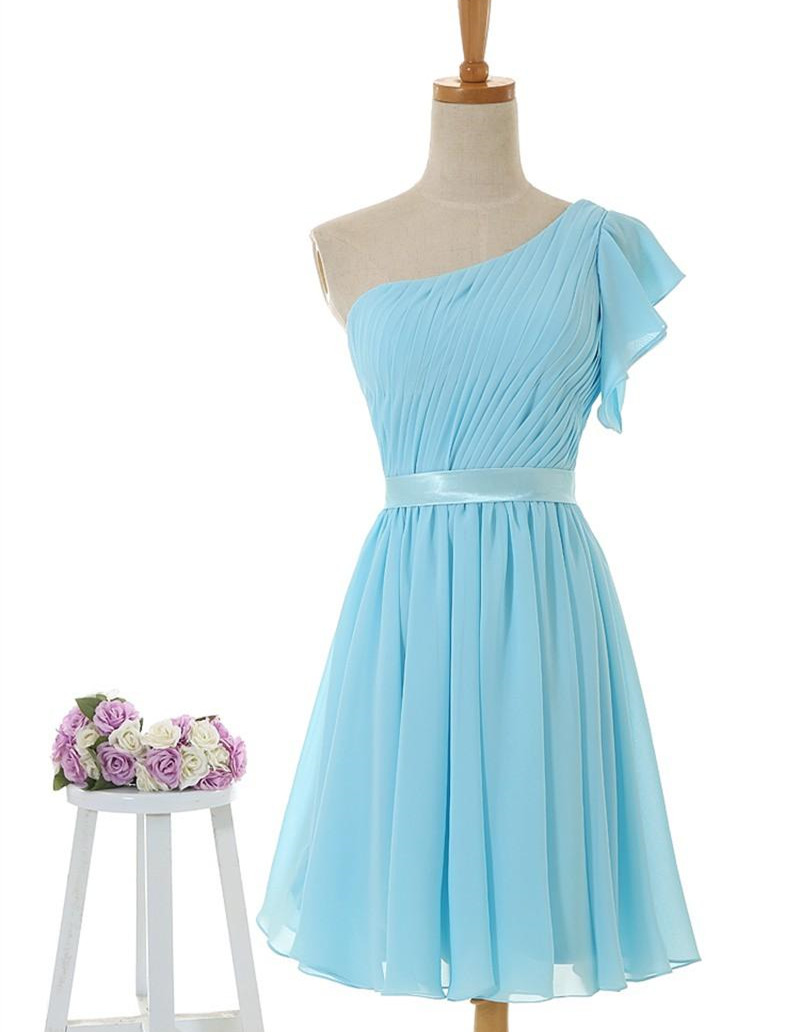 Light Blue One Shoulder Bridesmaid Dresses, Short Party Dresses, Evening Dresses, Blue Bridesmaid Dresses