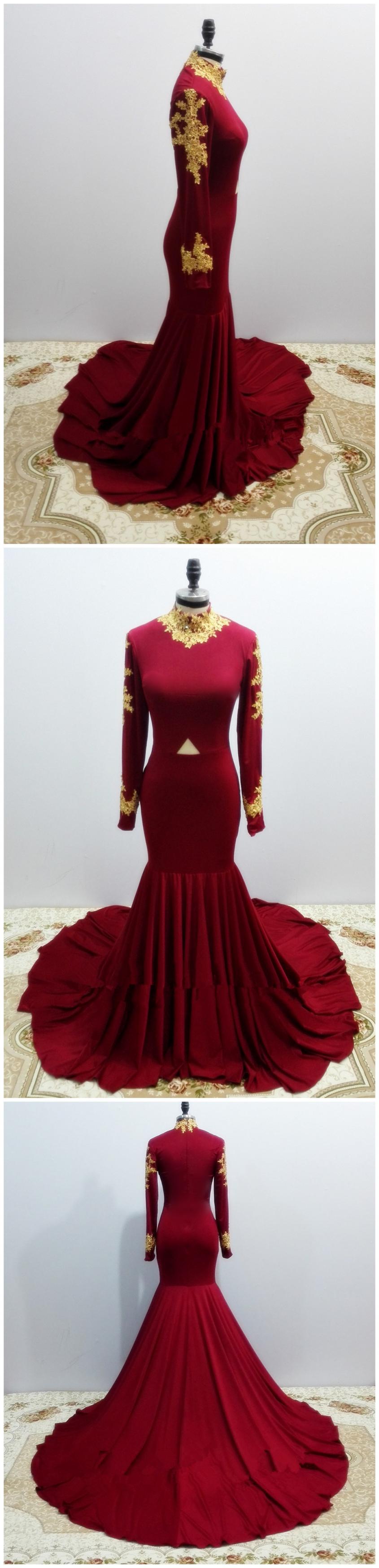 Pretty Handmade High Quality Spandex Wine Red Long Sleeves Mermaid Party Gowns, Sexy Evening Gowns, Long Prom Dresses 2018