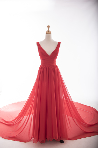 Red Sexy Deep V-neckline Chiffon Prom Dresses 2018, Red Evening Gowns, Floor Length Formal Dresses