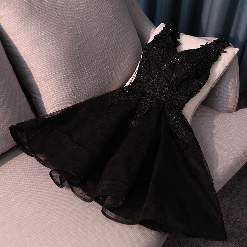 Lovely Black V-neckline Lace Knee Length With Lace-up Back Homecoming Dresses, Black Short Cute Party Dresses, Women Dresses