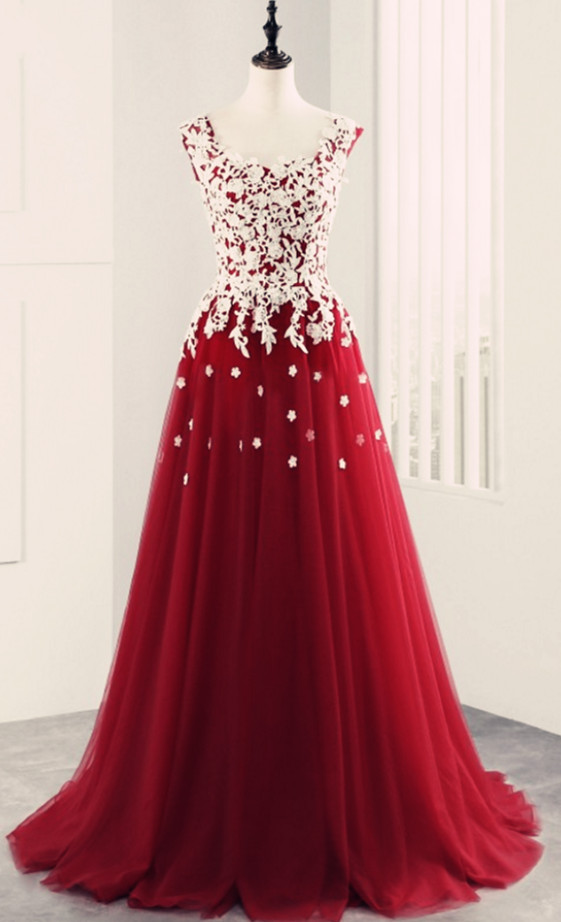 Dark Red Lace Applique Ball Gown Sweetheart Long Prom Dresses 2018, Red Formal Gowns, Party Dresses