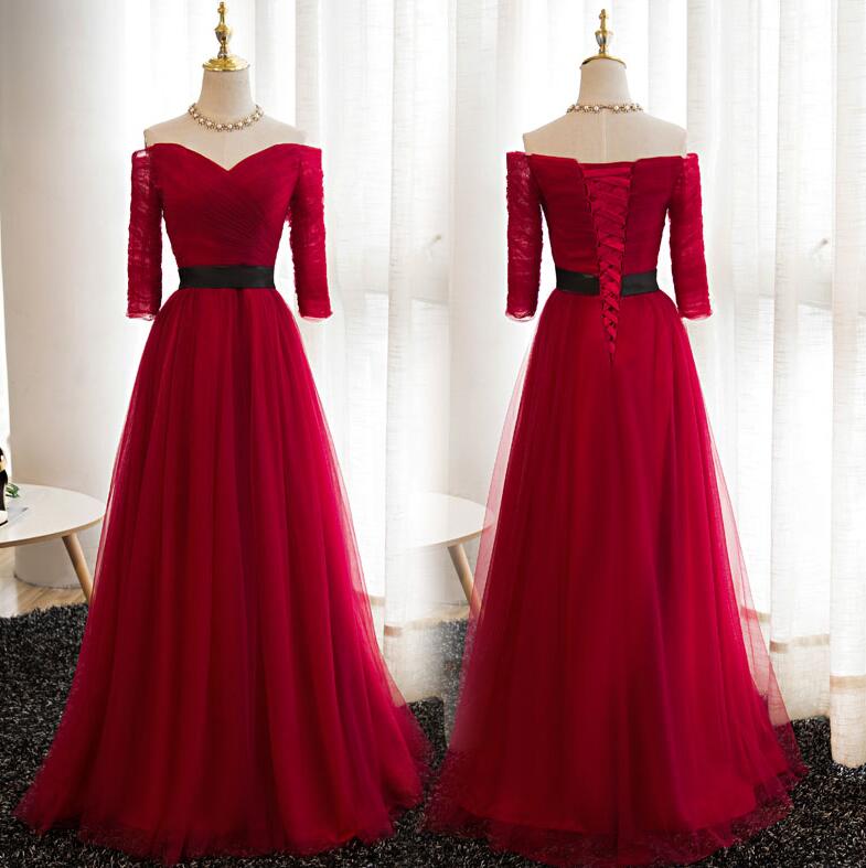 Dark Red 1/2 Sleeves Off Shoulder V-neckline Long Prom Dresses, Red Tull Floor Length Formal Dresses, Evening Gowns 2018