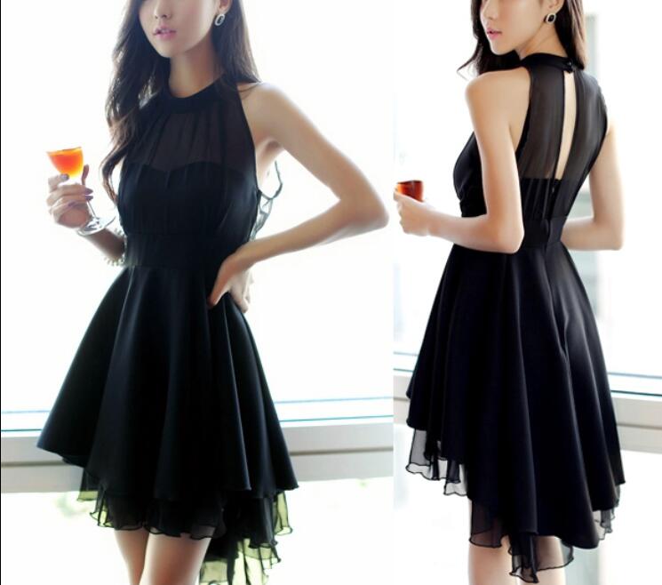 Sexy Black Chiffon High Low Women Dresses, Halter Women Dresses, High Quality Halter Women Club Dresses